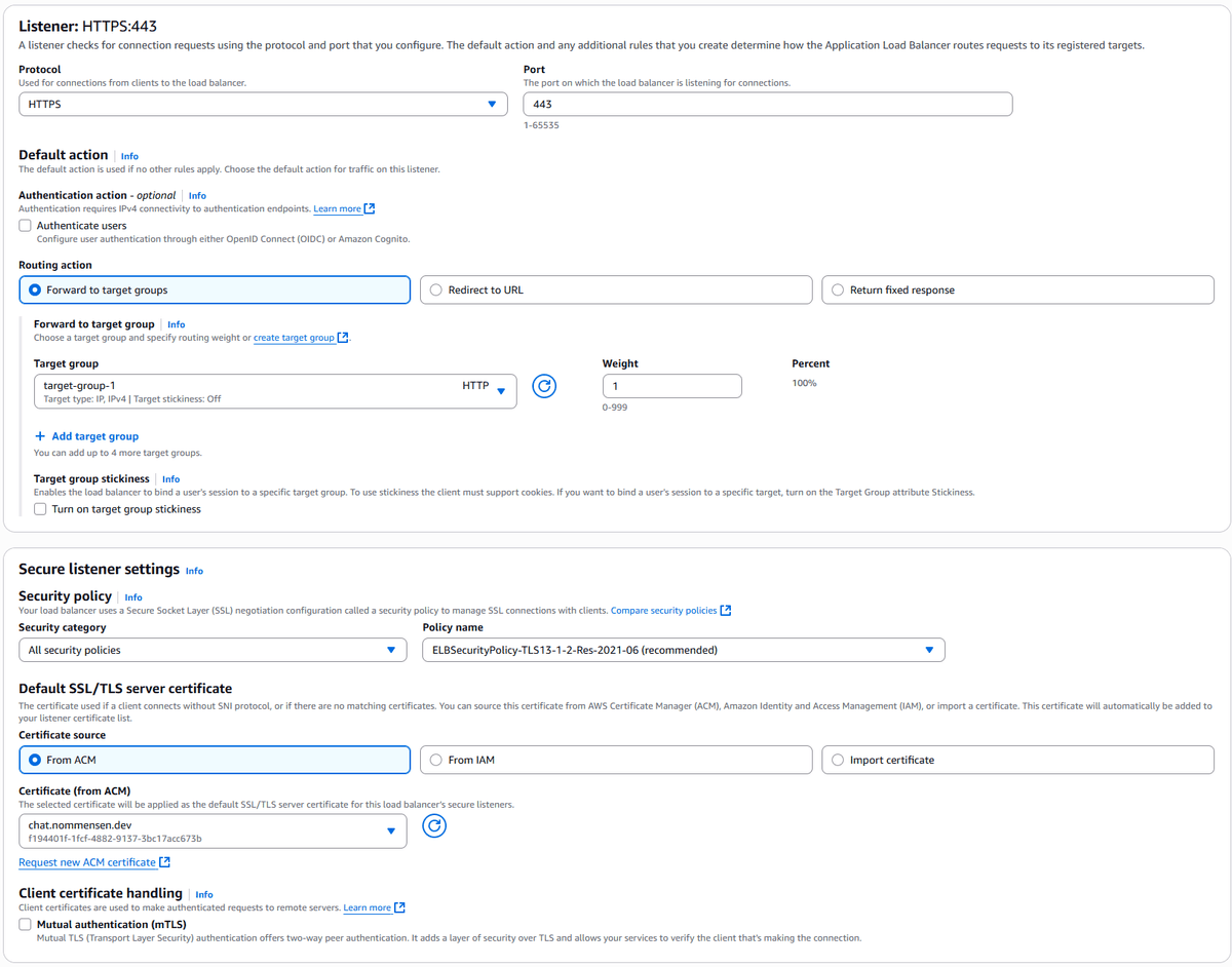 Load balancer listener settings showing https listener with certificate