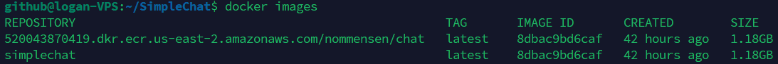 docker images command output showing simplechat image