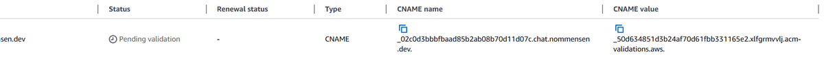ACM Domain verification step showing cname name and target to be added to DNS