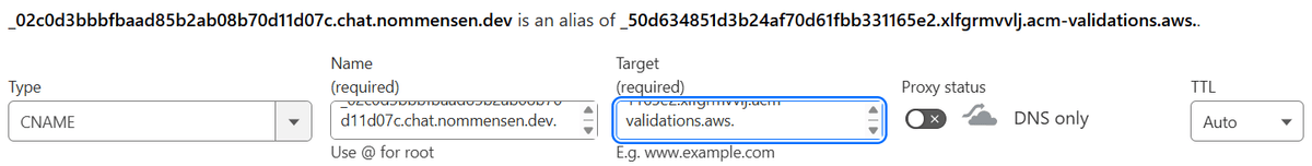 Cloudflare DNS settings showing cname record for domain verification